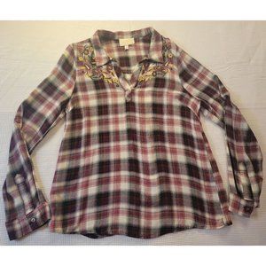 Skys Are Blue Embroidered Floral Long Sleeve Plaid Shirt, Size Large